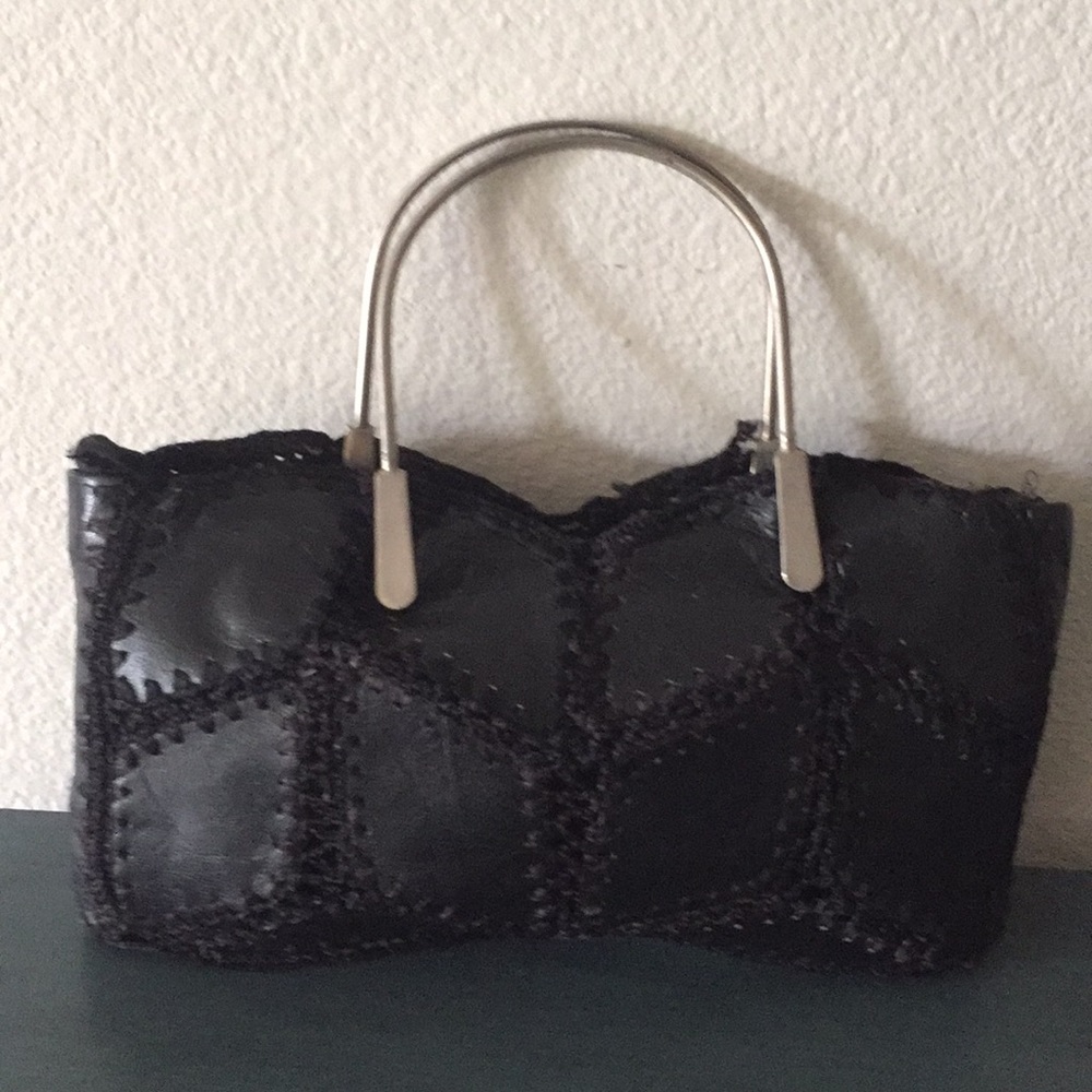 Unique hand made black genuine leather woman purse